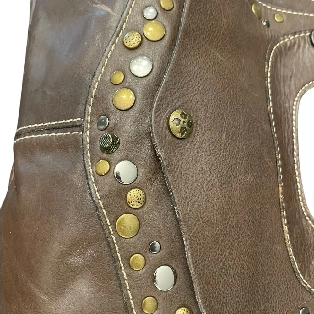 Patricia Nash‎ Brown Leather Purse Hobo Boho Metal Studs Double Handle Casual